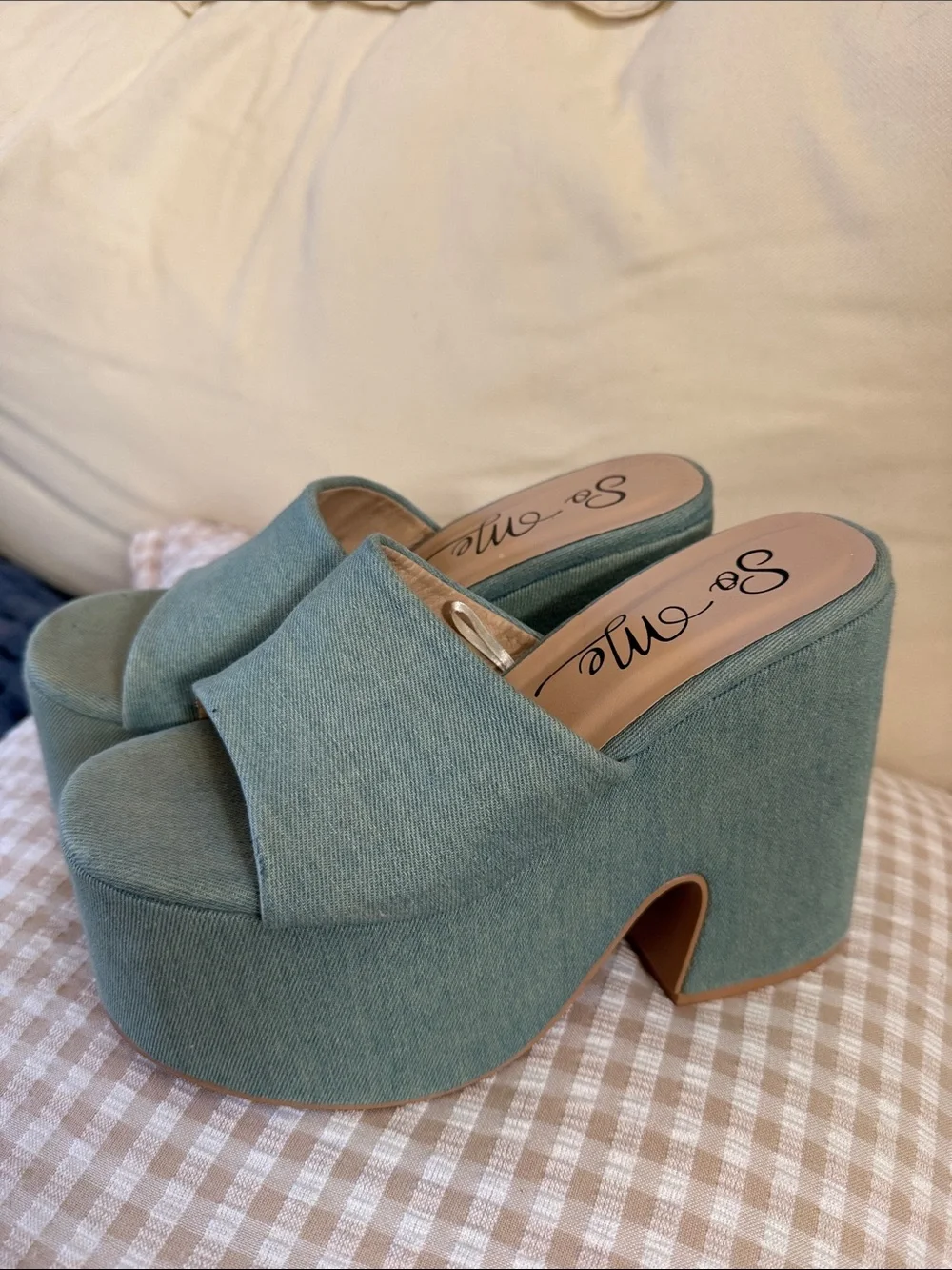 So Me Teal Denim Platform Slide Heels
